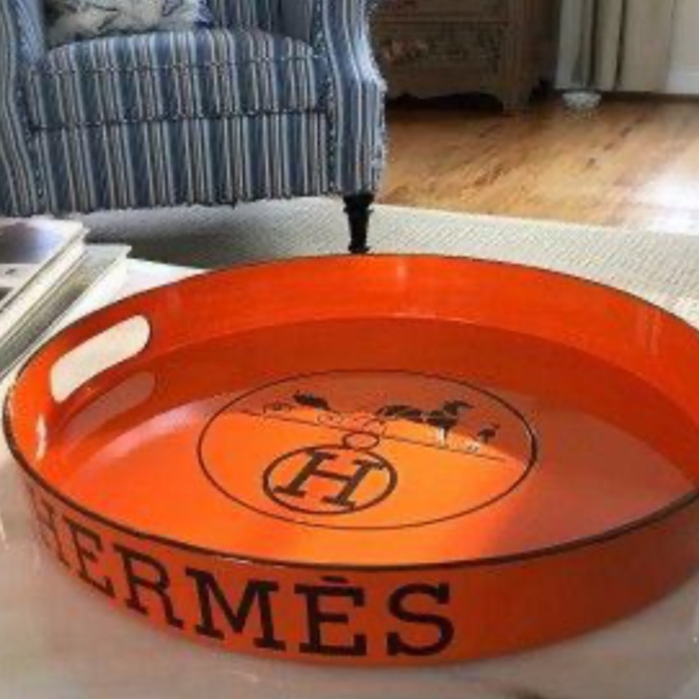 Vintage orange equestrian Hermes round tray 15”x2”